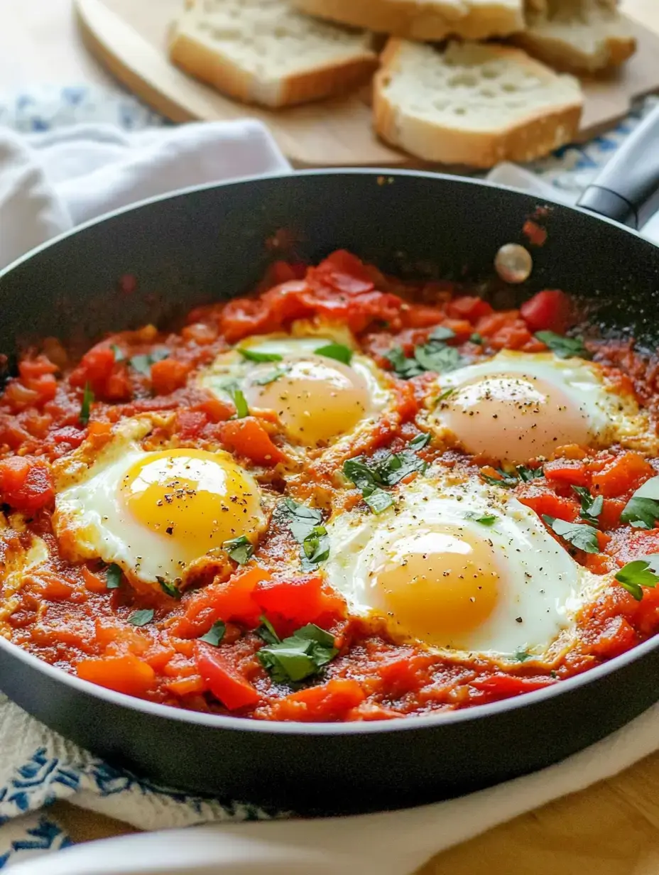 In einer Pfanne befinden sich drei Spiegeleier, die auf einer Tomaten-Paprika-Mischung garen, umgeben von frischen Kräutern und Brot im Hintergrund.