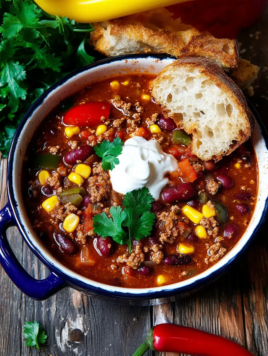 Eine große Schale Chili mit Hack, Bohnen, Mais und Paprika, darauf ein Klecks Sauerrahm und frischer Koriander, dazu eine Brotschnitte und rote Chili.