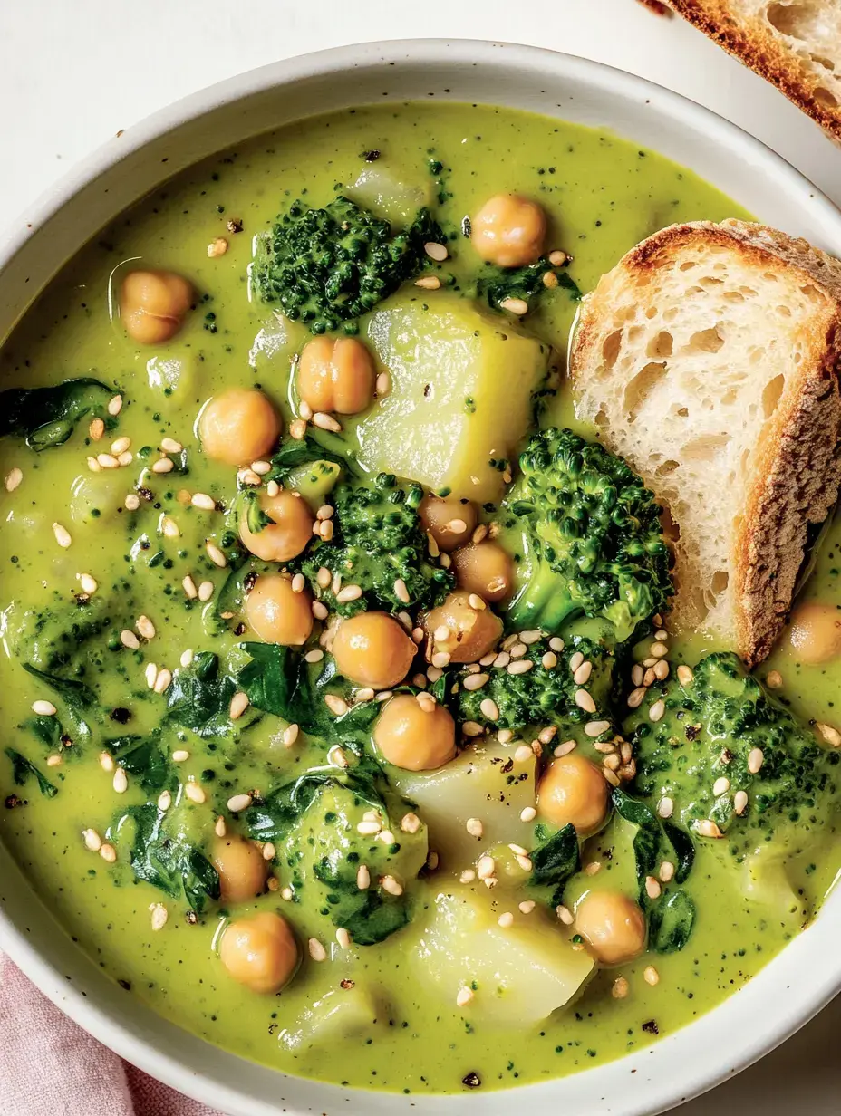Grüne Suppe mit Brokkoli, Kichererbsen, Sesam, plus Brotscheibe.