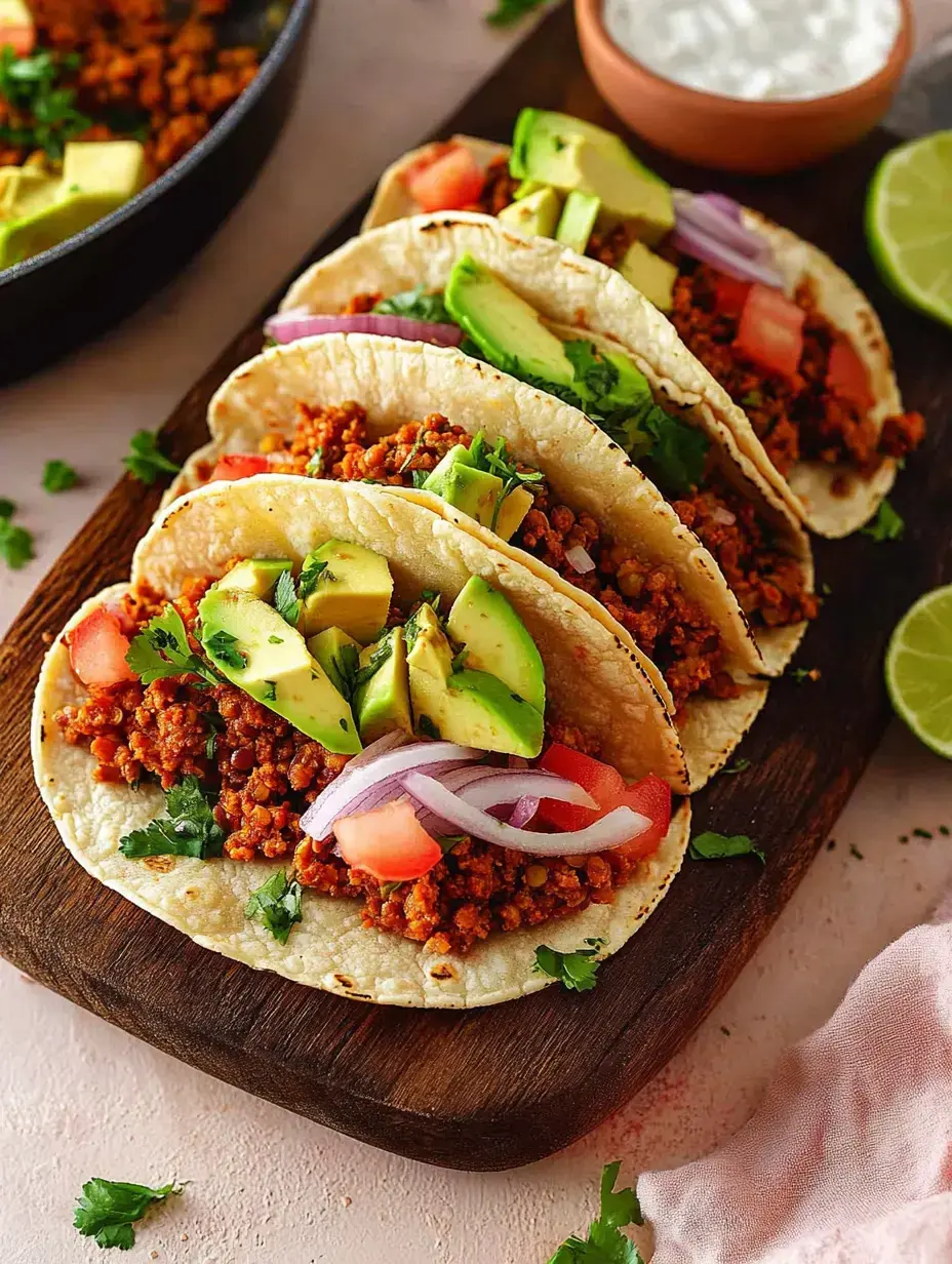Auf einem Holzbrett liegen drei köstlich gefüllte Tacos mit Linsen-Hack, Avocado, Tomaten und viel Koriander.