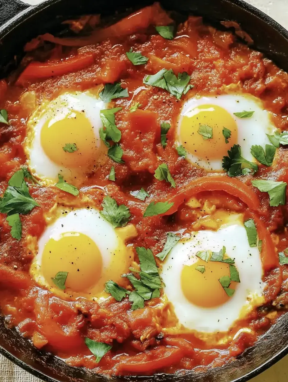 Eine Pfanne mit vier Spiegeleiern in einer würzigen Tomatensauce, garniert mit frischem Koriander und Paprika.