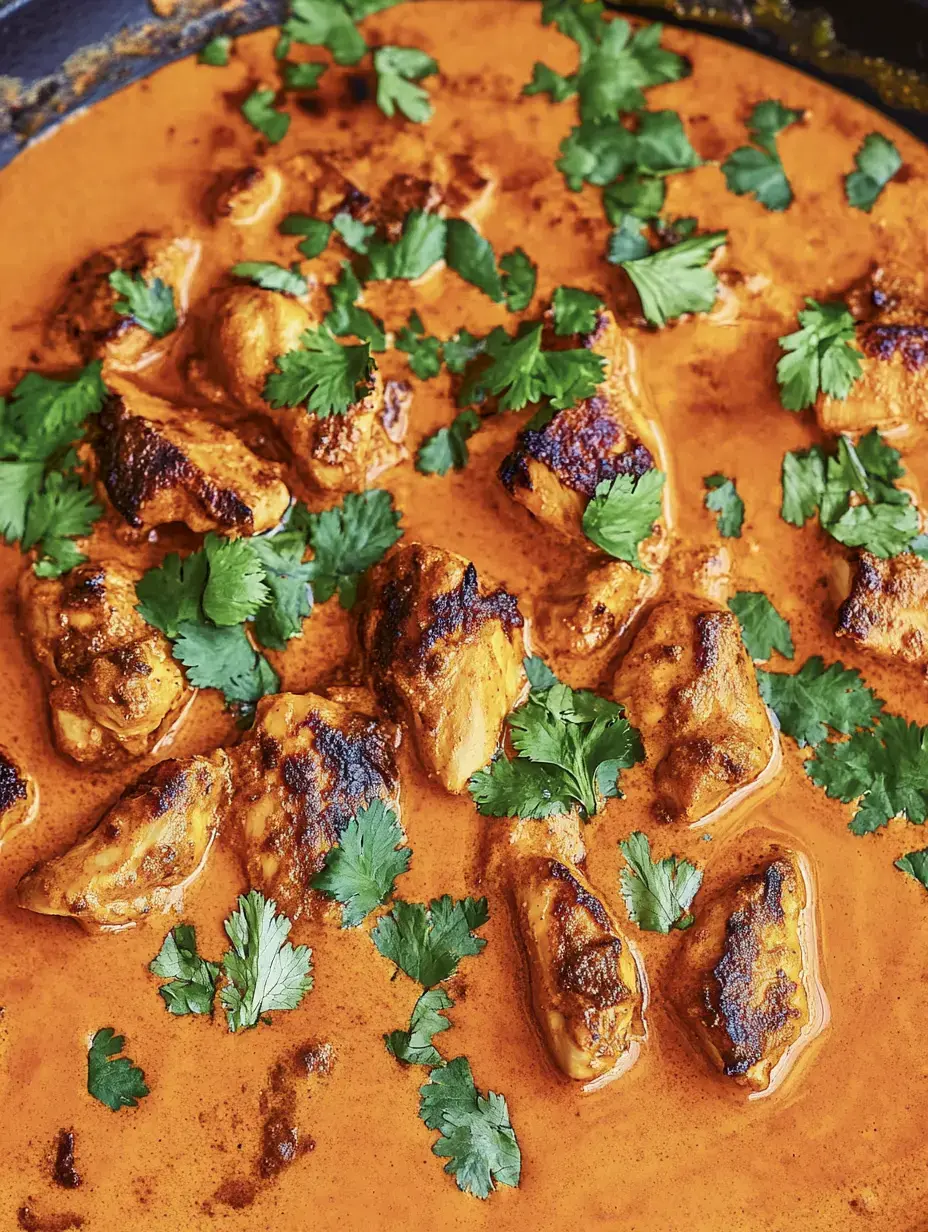 Hähnchengericht in würziger, roter Sauce mit frischem Koriander oben drauf.