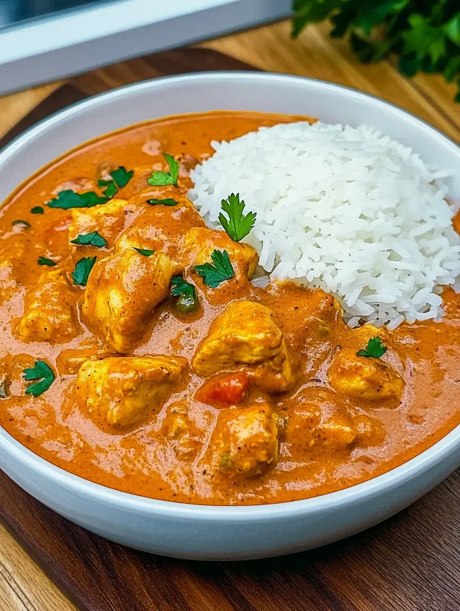 Cremiges Hänchencurry auf weißem Reis, getoppt mit frischer Petersilie, serviert auf einem Teller.