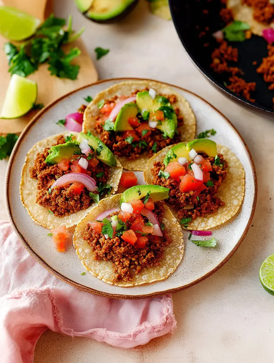 Ein Teller mit vier Tacos: saftiges Linsen-Hack, frische Avocado, Tomaten, ein Hauch Zwiebel und Koriander, Limettenscheiben runden alles ab.