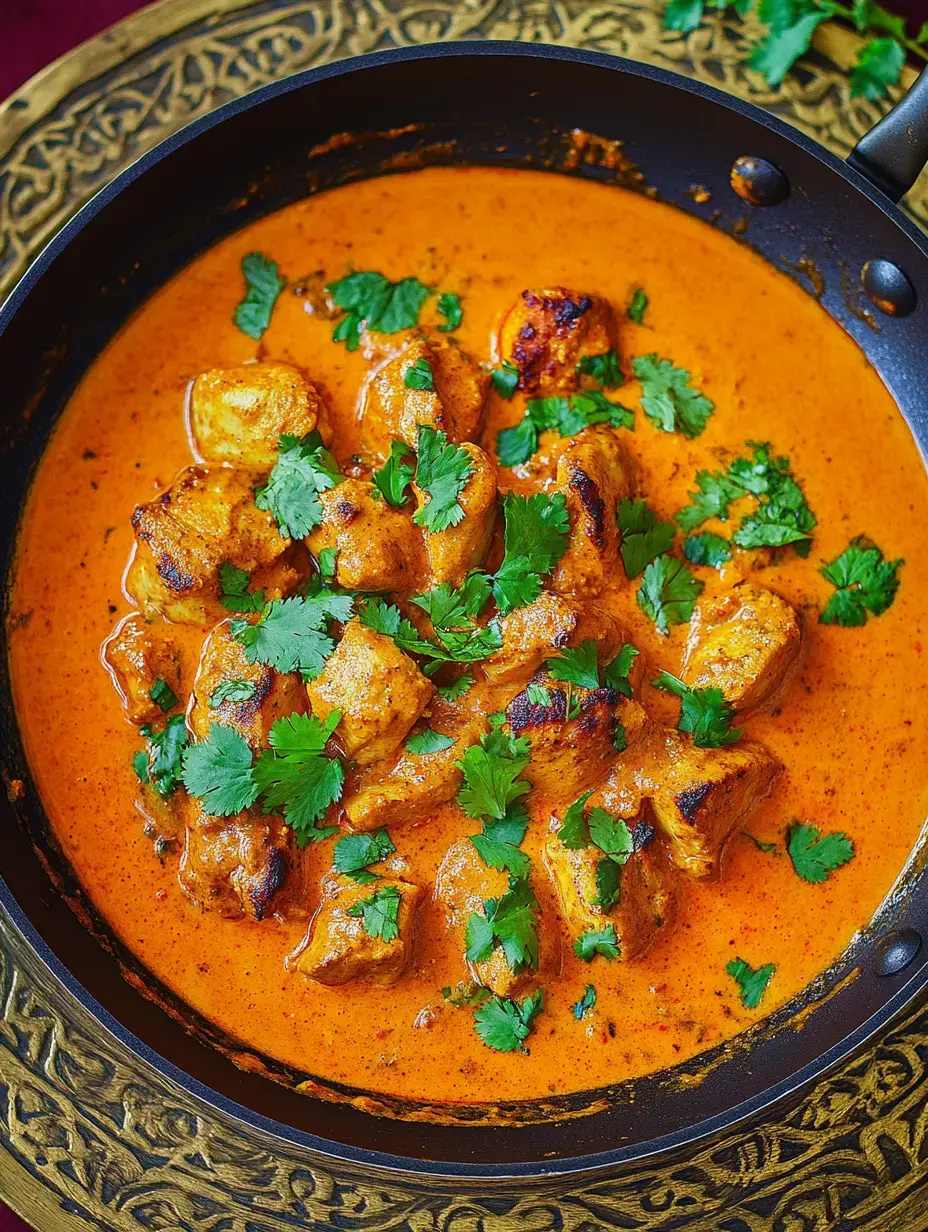 Ein Topf voll orangem, würzigem Curry mit Hähnchenstücken und Koriander.