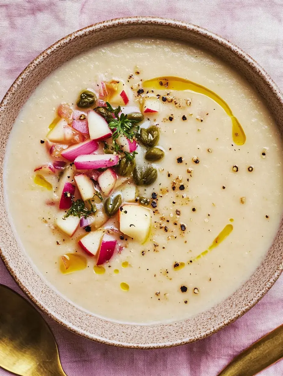 Cremige Suppe mit Apfelstücken und Kapern plus Olivenöl obenauf, serviert in einer Schale.
