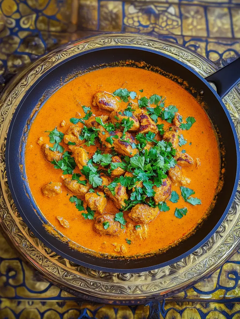 Cremiges Hähnchencurry mit viel Koriander auf hübschem Teller angerichtet.
