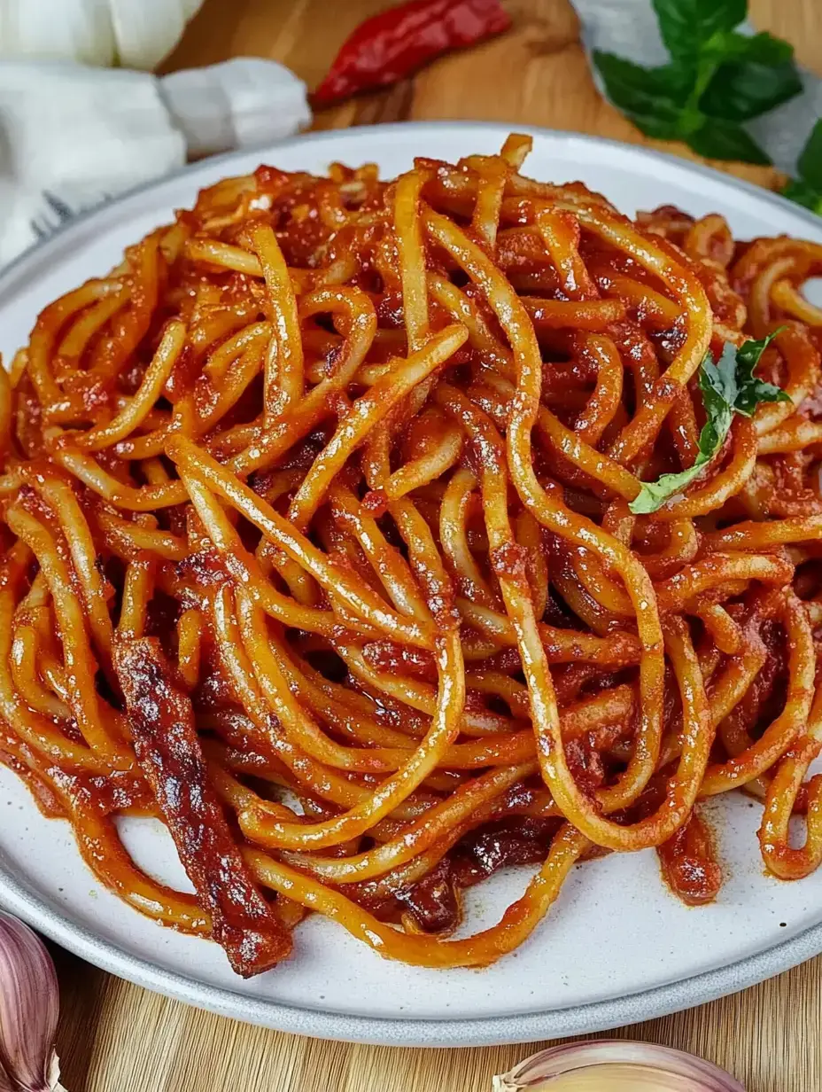 Teller mit glänzenden Spaghetti in roter Sauce, daneben Knoblauch und Chili drumherum.