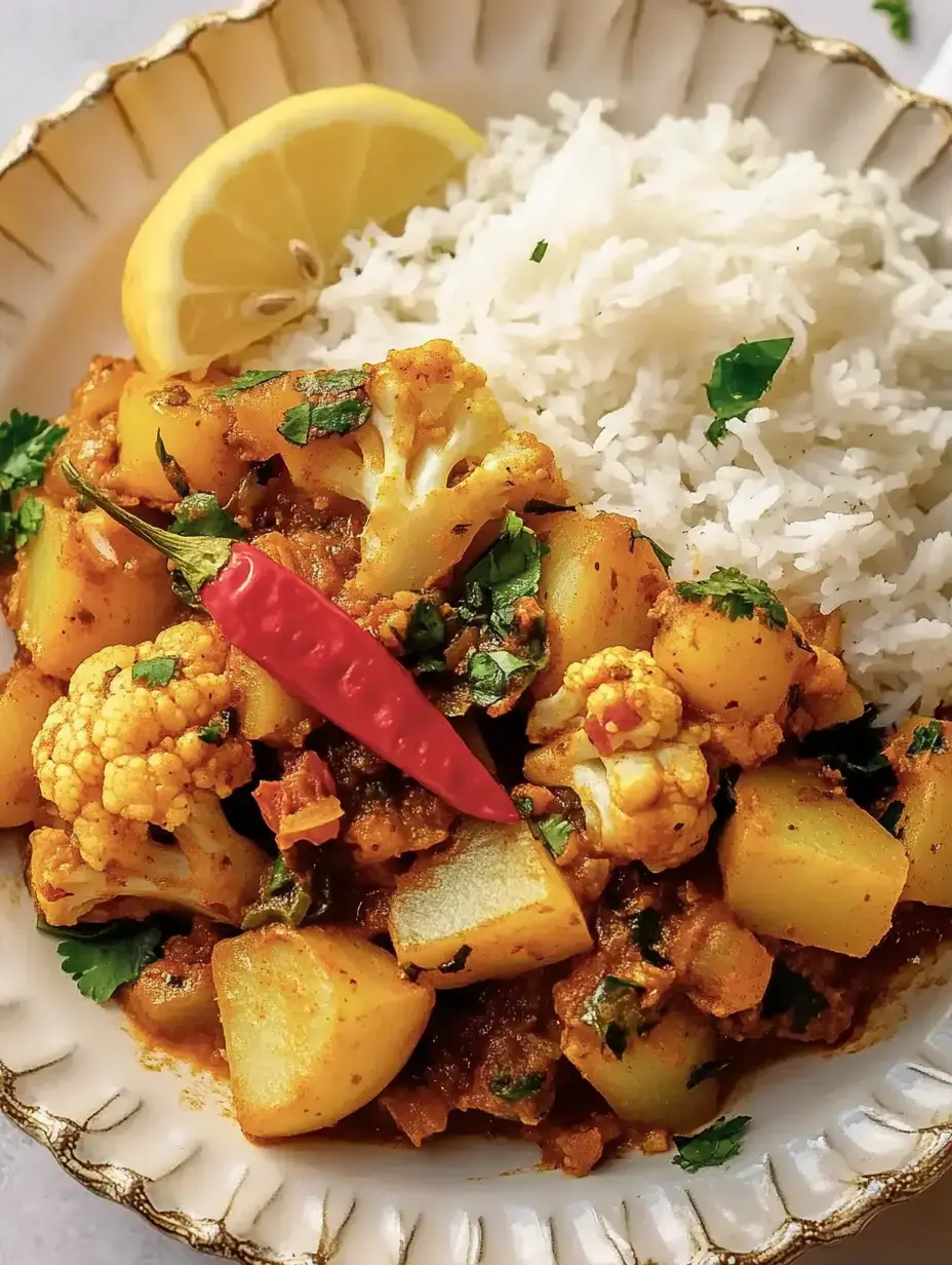 Ein Teller mit einer Kombination aus Blumenkohl, Kartoffeln und Reis, garniert mit einem Stück Zitrone und einem roten Chili.