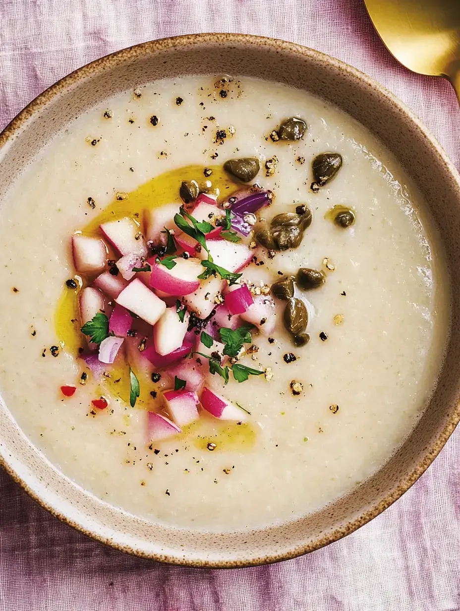 Cremige Pastinaken-Suppe, garniert mit Apfelstücken, Grün und etwas Olivenöl, serviert auf rosa Tuch.