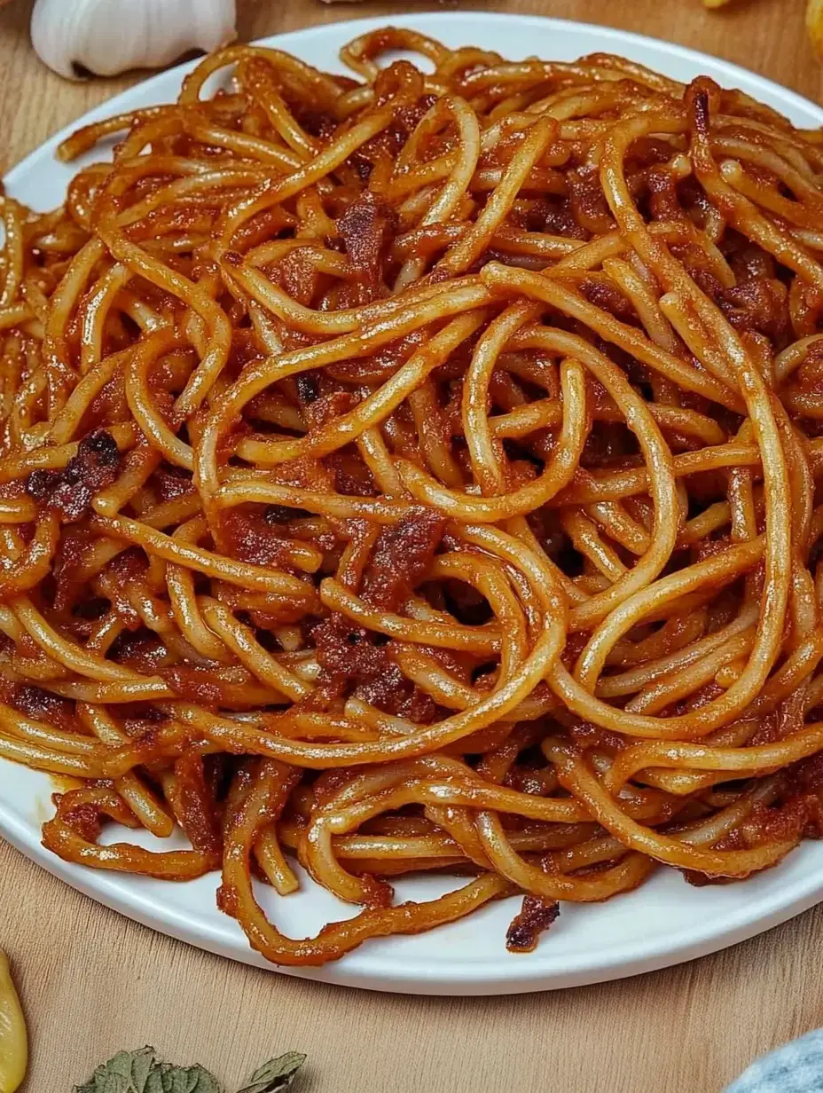 Teller mit gebräunten Spaghetti in kräftiger, fast schokoladiger Soße, dazwischen frische Zutaten.