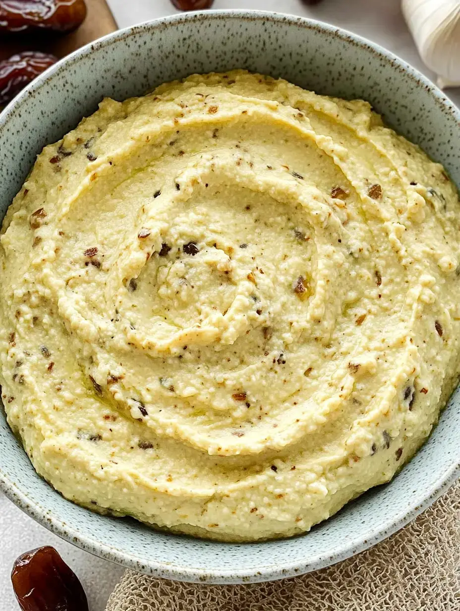 Eine Schale Hummus mit Dattelstückchen steht bereit.
