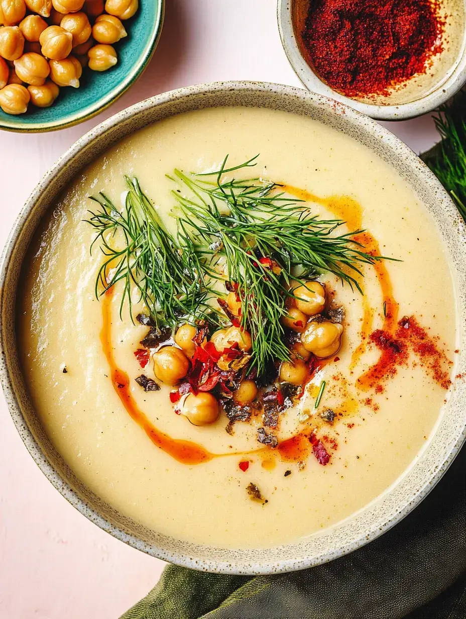 Eine sahnige Suppe mit Kichererbsen, frischem Dill, Gewürzen und einem roten Chilischwung in einer Schale.