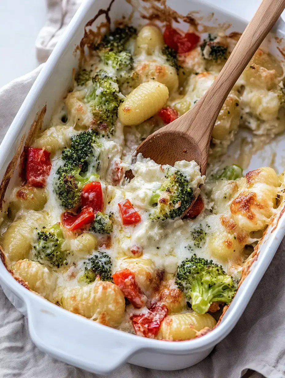 Ein Gericht mit Brokkoli, roten Paprikastreifen und Gnocchi überbacken und mit einem Kochlöffel angerichtet.
