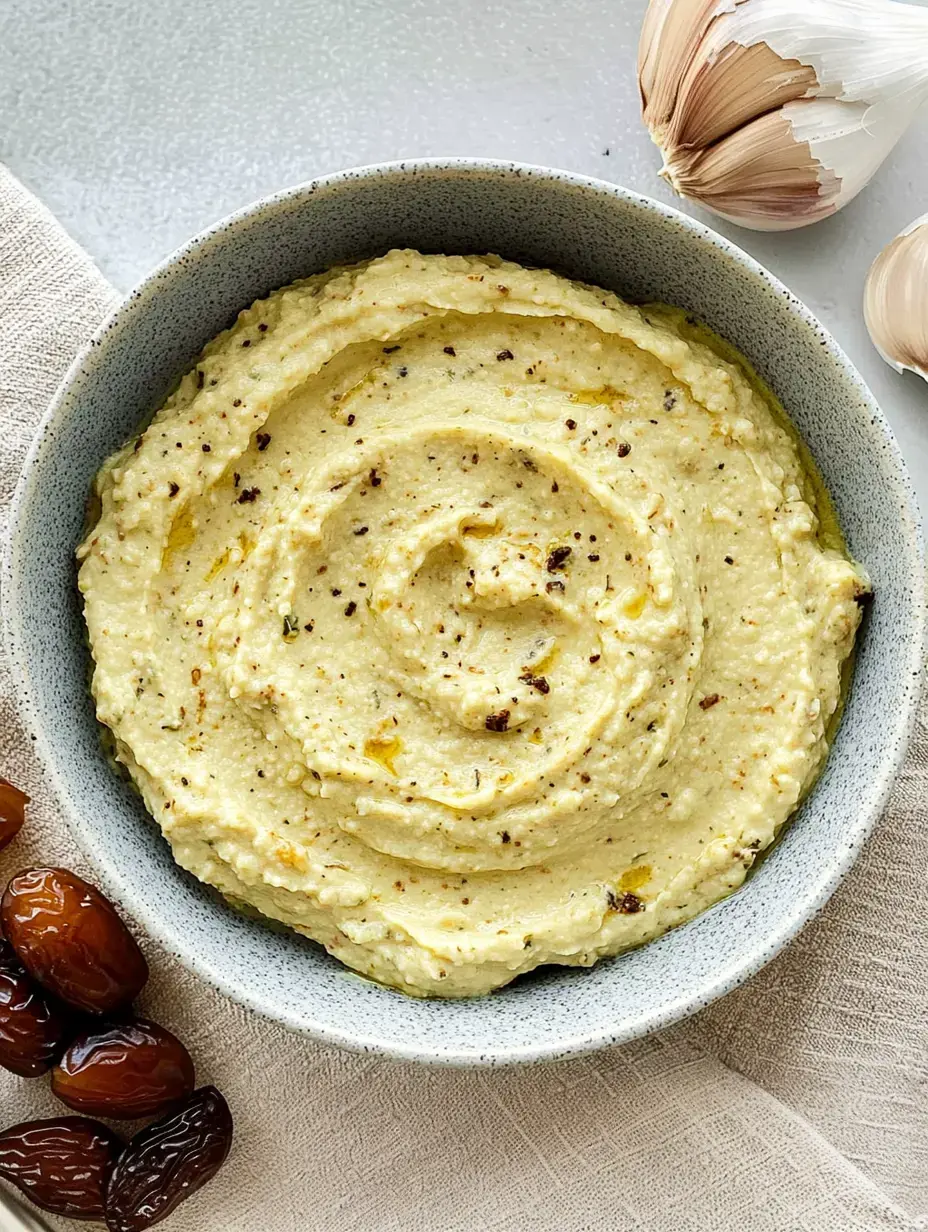 Gelber Hummus in einer Schale, dazu ganz viele Datteln und Knoblauch.