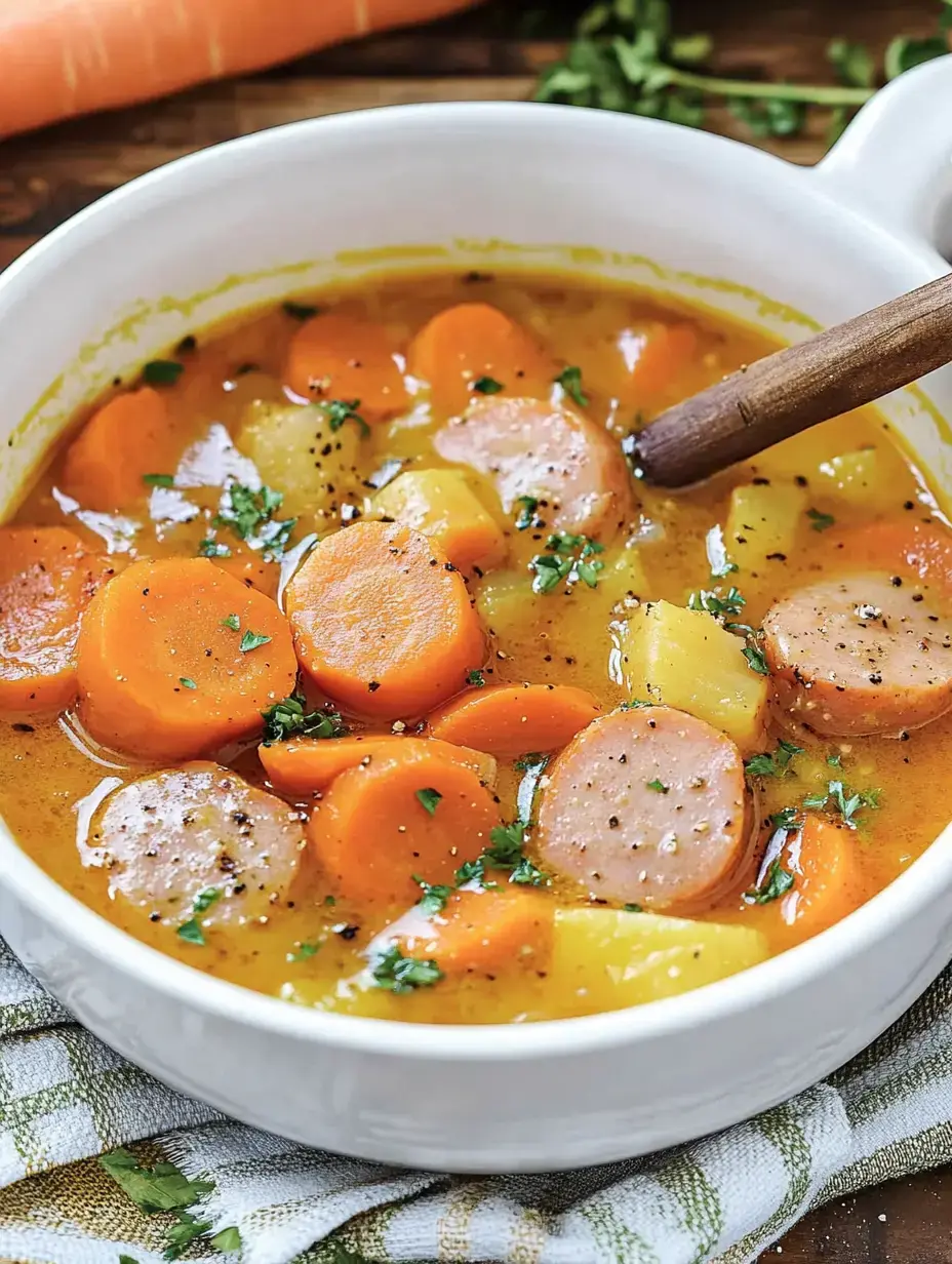 Bunte Suppe voller Gemüse und Würstchen mit Petersilie als Deko. Karotten liegen drum herum.