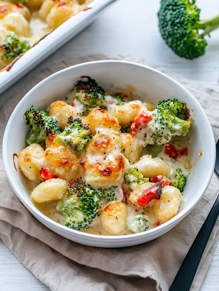 Auf einem Teller sieht man Gnocchi, Brokkoli und Paprika goldbraun mit cremiger Soße überbacken.