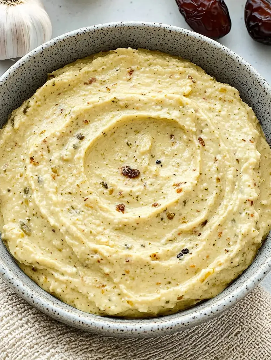 Samtige Creme mit frischen Kräutern, Knoblauch und Datteln dekoriert.