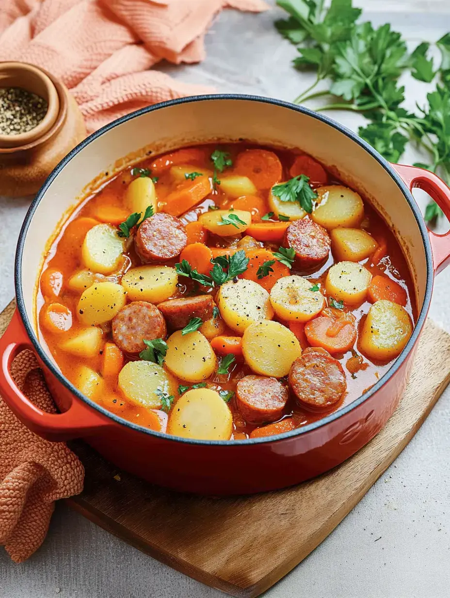 Ein roter Topf voll Eintopf mit Karotten, Kartoffeln und Würstchen, getoppt mit frischer Petersilie.