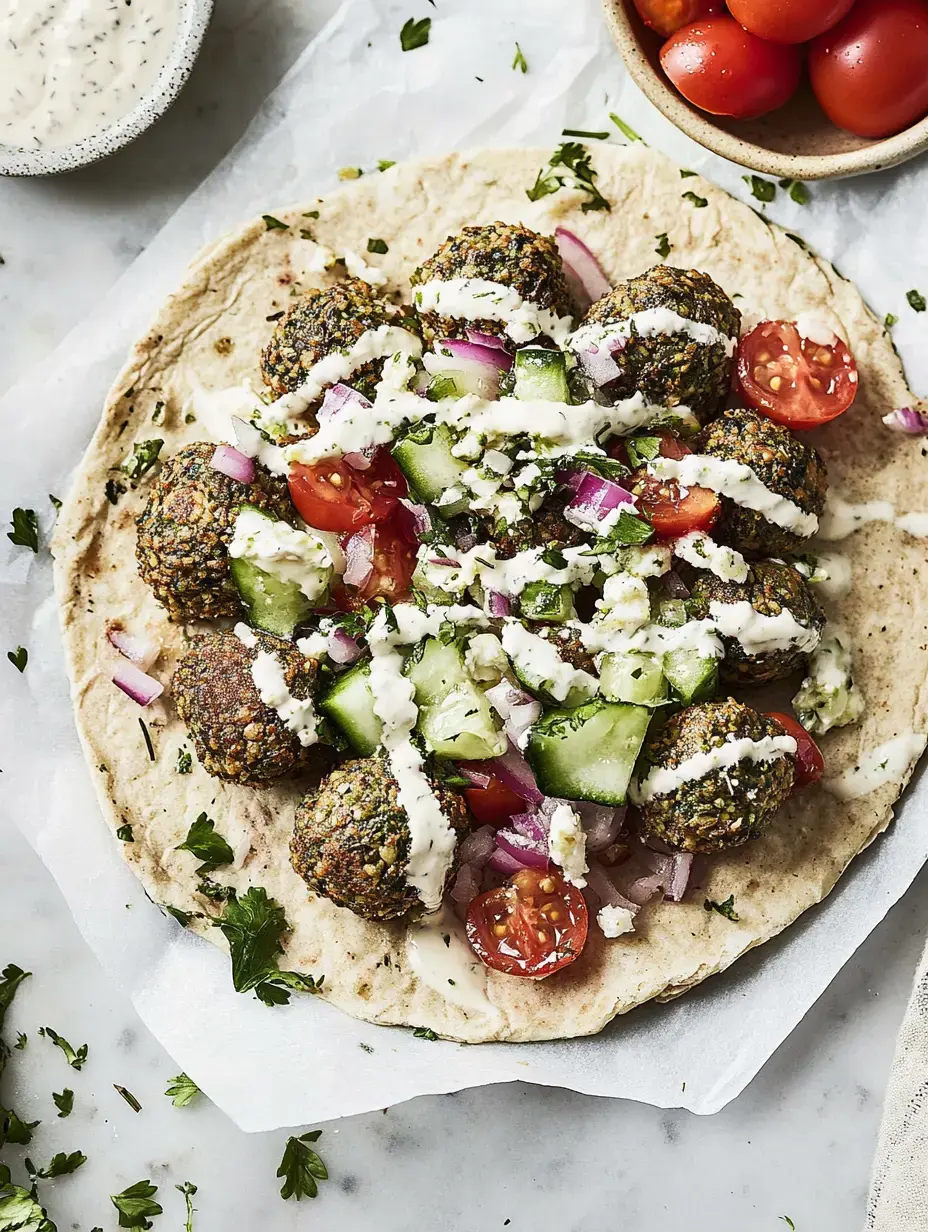 Ein Fladenbrot mit Falafel, frischem Gemüse wie Tomaten und Gurken sowie einer Joghurtsauce ist auf einem Tisch angerichtet.