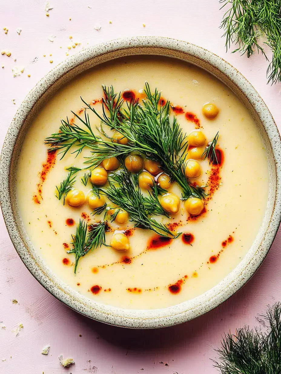 Eine Schale voll cremiger Suppe, mit Kichererbsen, frisch grünem Dill und roten Ölpunkten, auf rosa Untergrund.