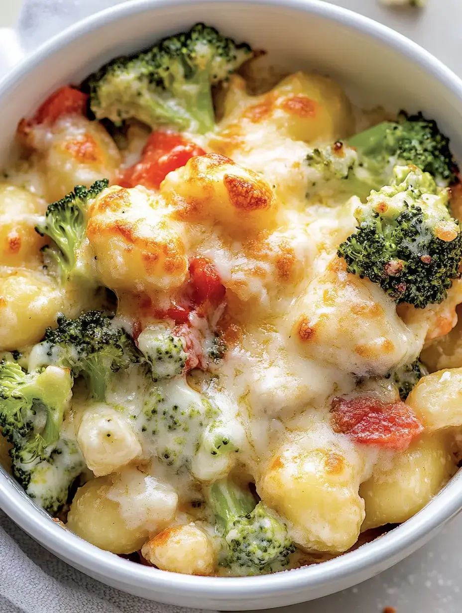 Gnocchi, Brokkoli und flüssiger Käse in einer weißen Schüssel frisch überbacken.