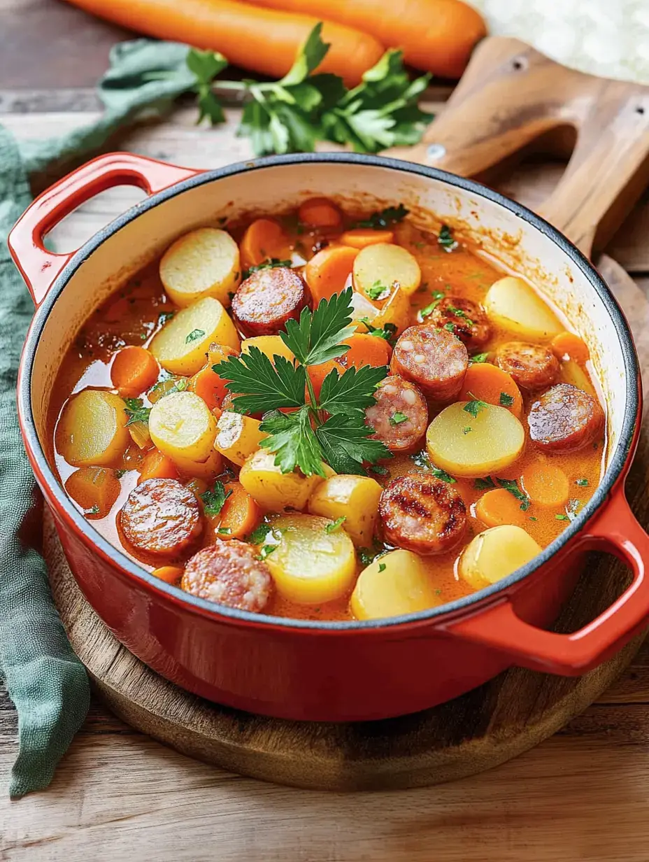 Roter Topf mit Kartoffel-Mettwurst-Topf, bestreut mit Petersilie, auf Holzbrett serviert.