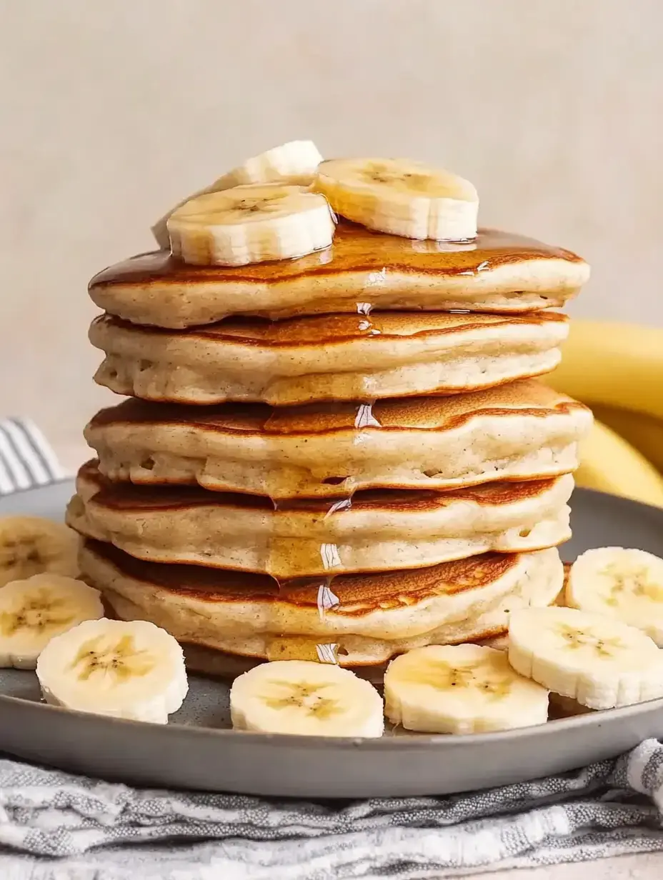Gestapelte Pancakes mit Bananenscheiben und Sirup auf grauem Teller serviert.