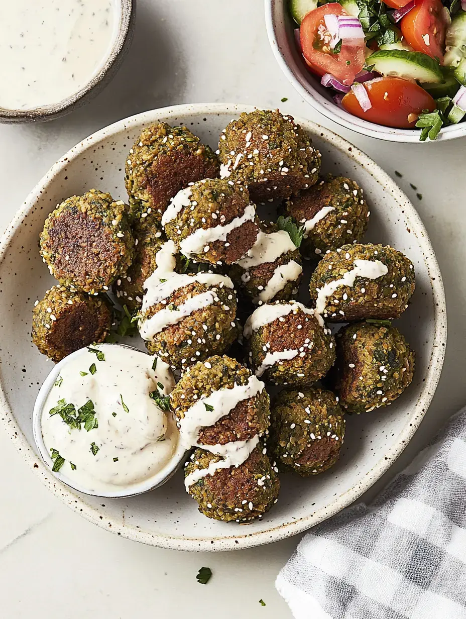 Ein Teller mit knusprigen Falafelbällchen, garniert mit Joghurtsoße und frischem Gemüse.
