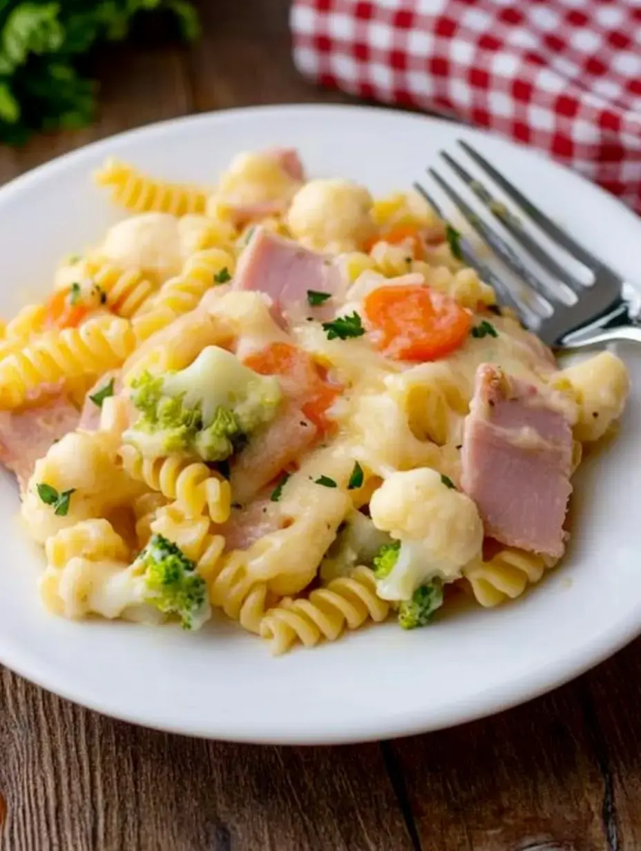 Auf einem Teller liegt gedrehte Pasta mit Schinken, Karotten, Blumenkohl und Brokkoli in cremiger Soße.