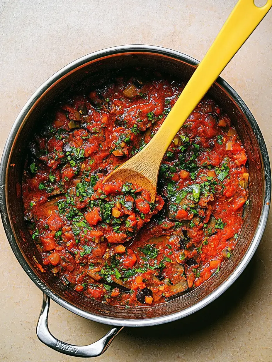 Ein Topf mit selbstgemachter Tomaten-Auberginen-Sauce, verfeinert mit frischen Kräutern, auf hellem Untergrund.