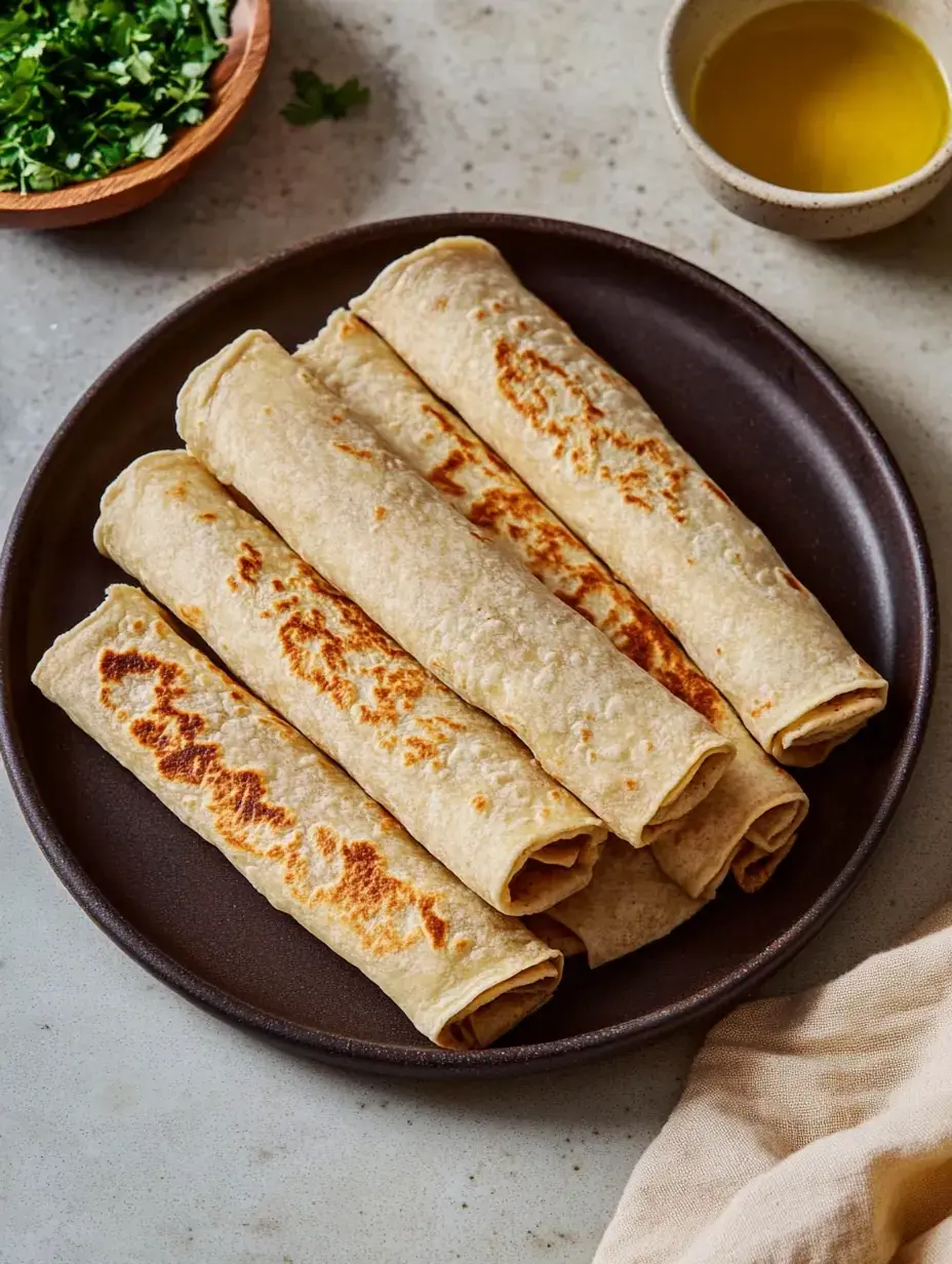 Ein paar frisch gebackene, goldene Wraps auf einem Teller mit einem kleinen Olivenöl-Schälchen und einer Holzschale voll Koriander auf hellem Untergrund.