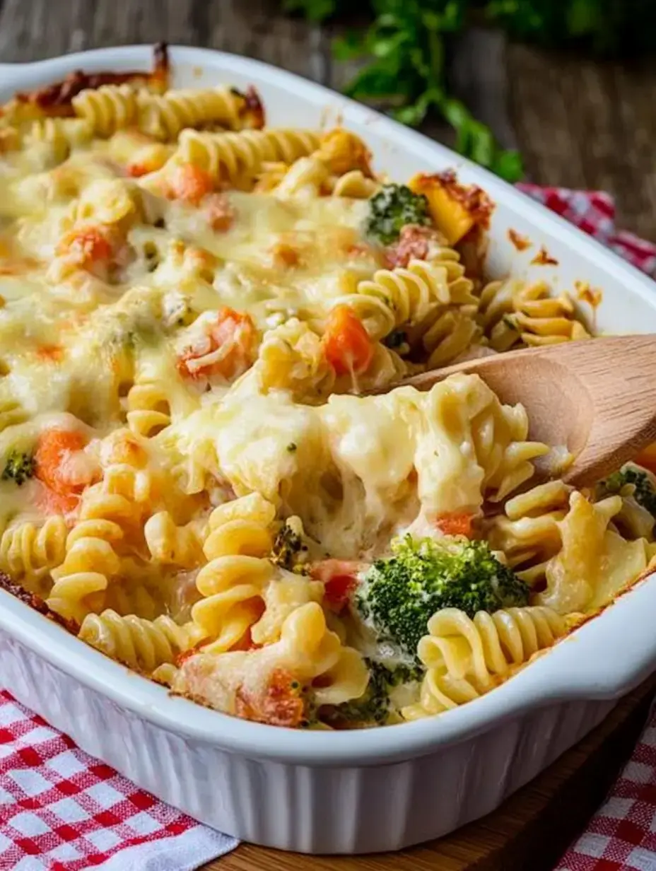 In einer weißen Form liegt eine Nudelpfanne mit Brokkoli und geschmolzenem Käse aus dem Ofen.
