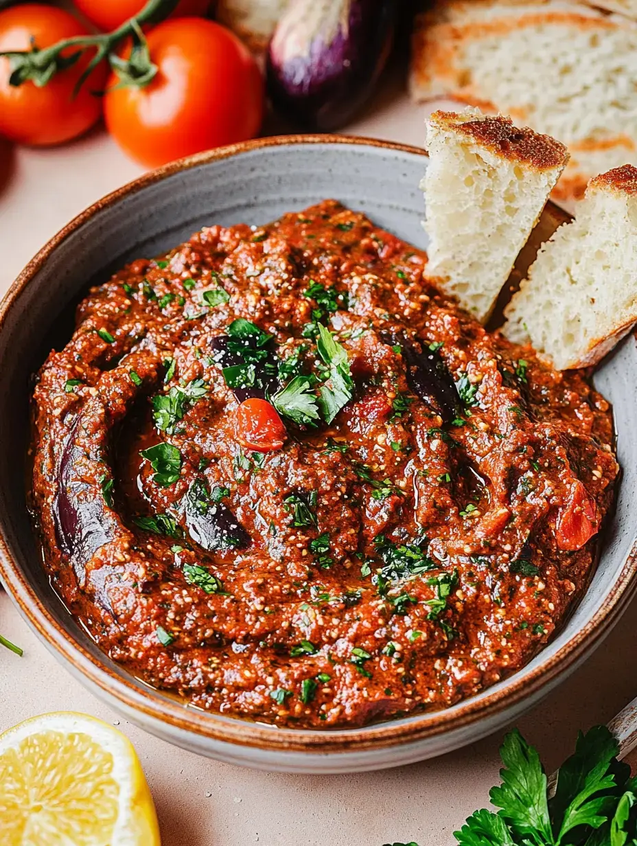 Schale mit aromatischem Tomaten-Auberginen-Dip, umgeben von frischem Gemüse, Tomaten und Brotstücken.