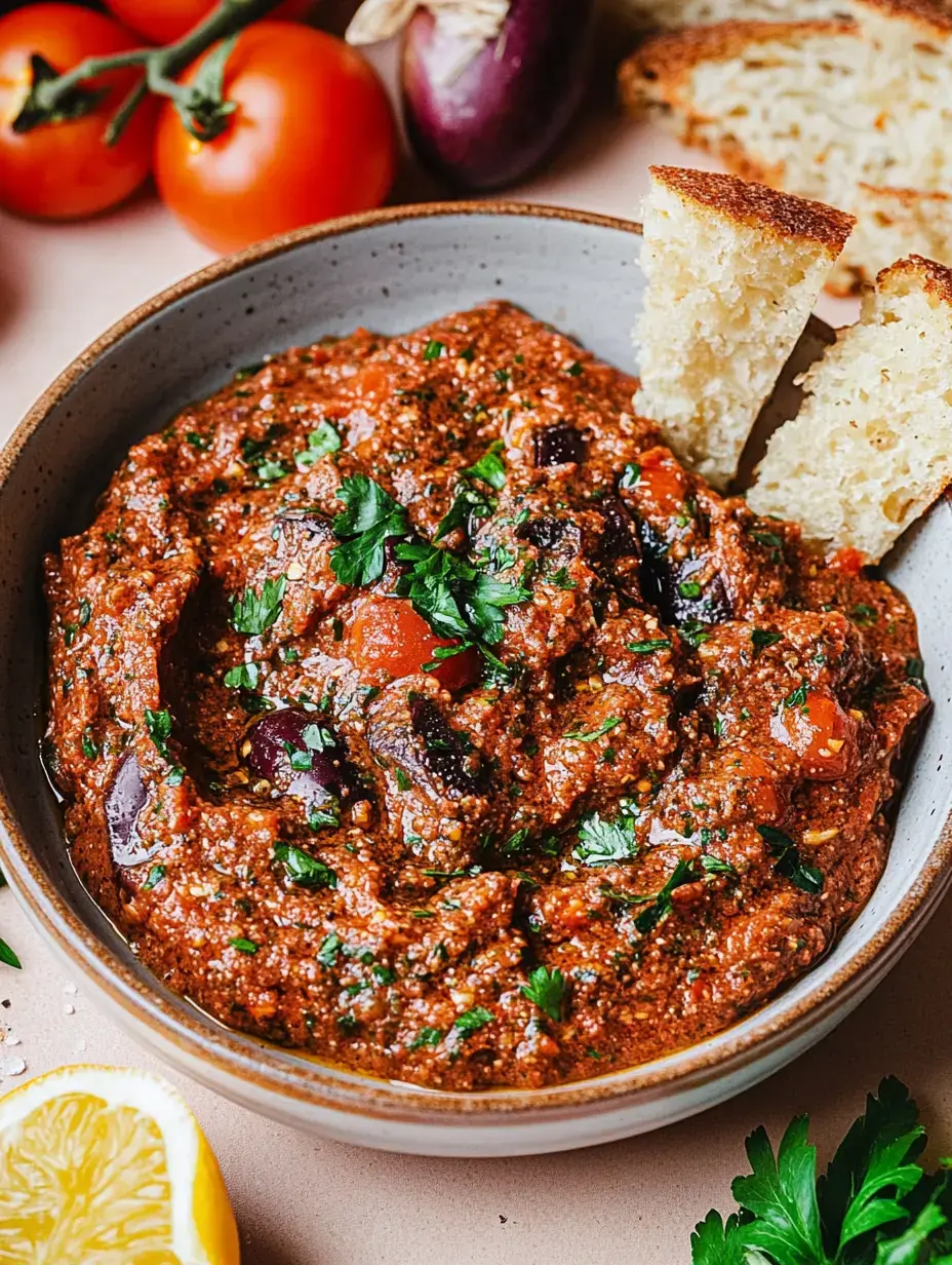 Schale mit klassischem Auberginen-Tomaten-Dip, mit Petersilie bestreut und geröstetem Brot serviert, drumherum frisches Gemüse und Zitrone.