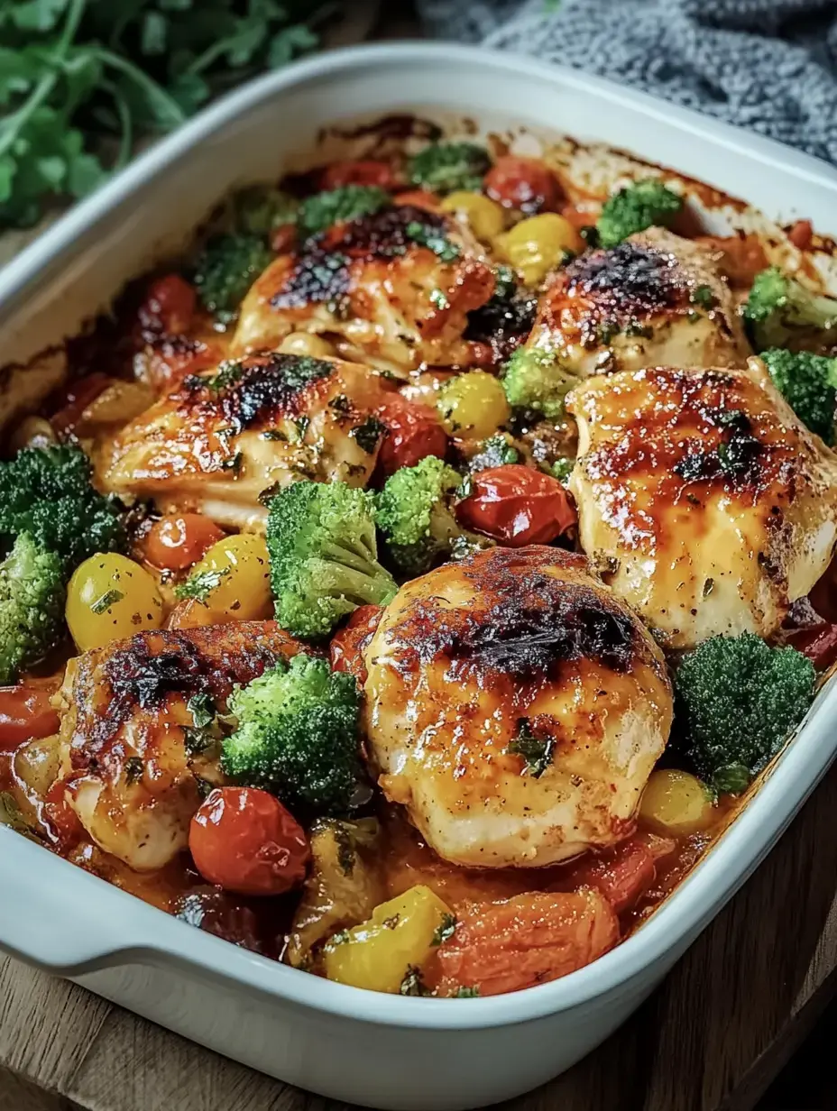 Im Ofen gegarte Hähnchenteile mit Brokkoli und bunten Tomaten, alles in würziger Sauce.