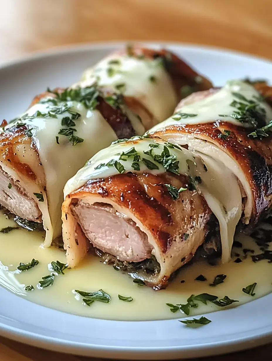 Auf dem Teller sieht man Hähnchenfilets, die in Speck gewickelt, mit Käse überbacken und frischen Kräutern bestreut sind.