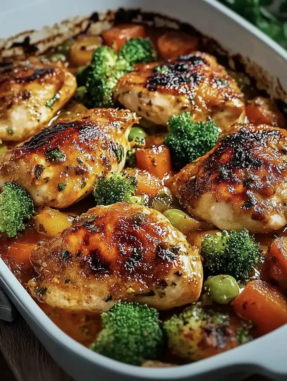 Blechgericht mit saftigem Hähnchen, Brokkoli und buntem Gemüse in leckerer Sauce.