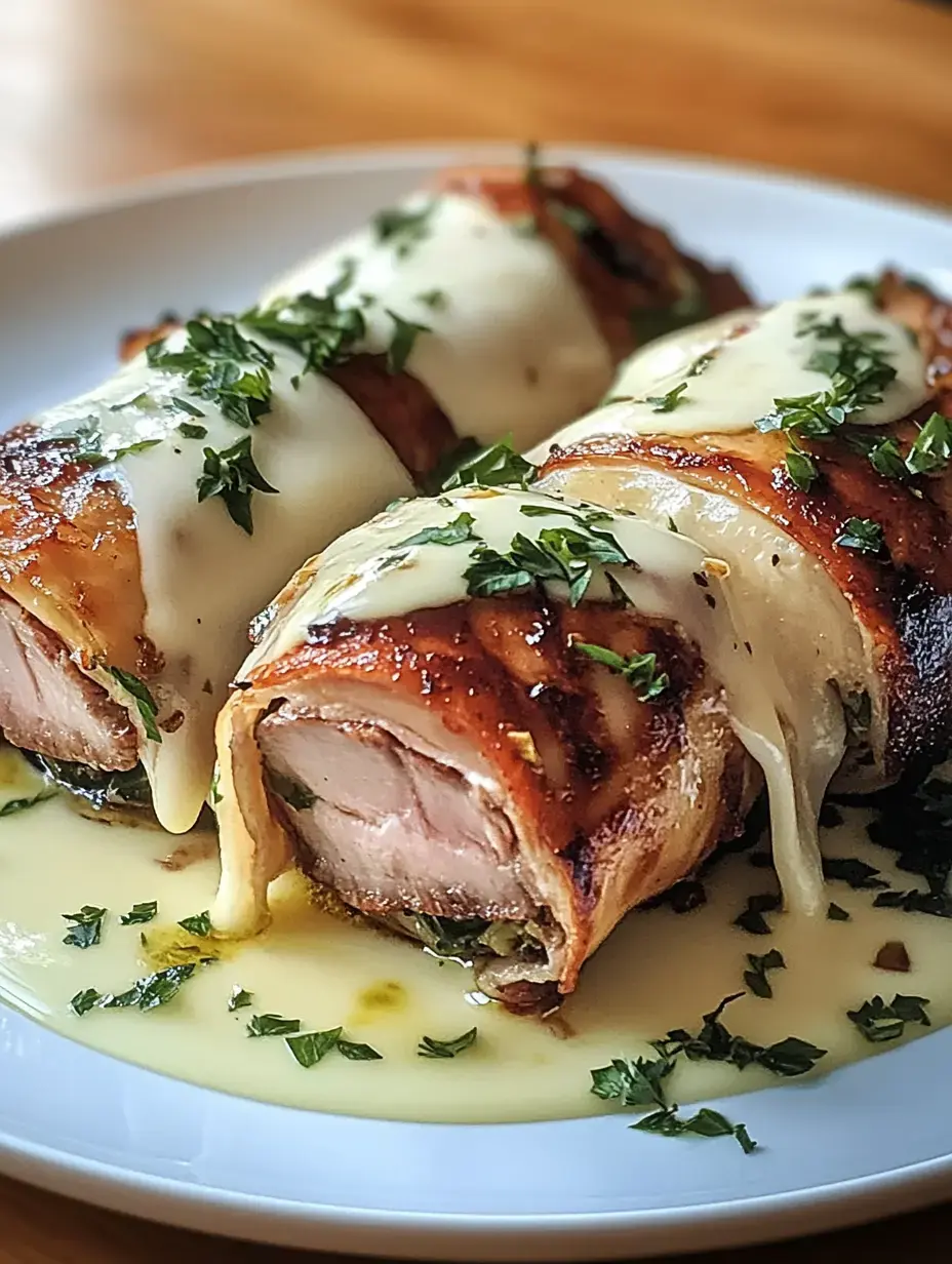 Hier sieht man zwei Fleischrollen, von Speck umwickelt, geschmolzener Käse läuft darüber, frische Kräuter als Deko.