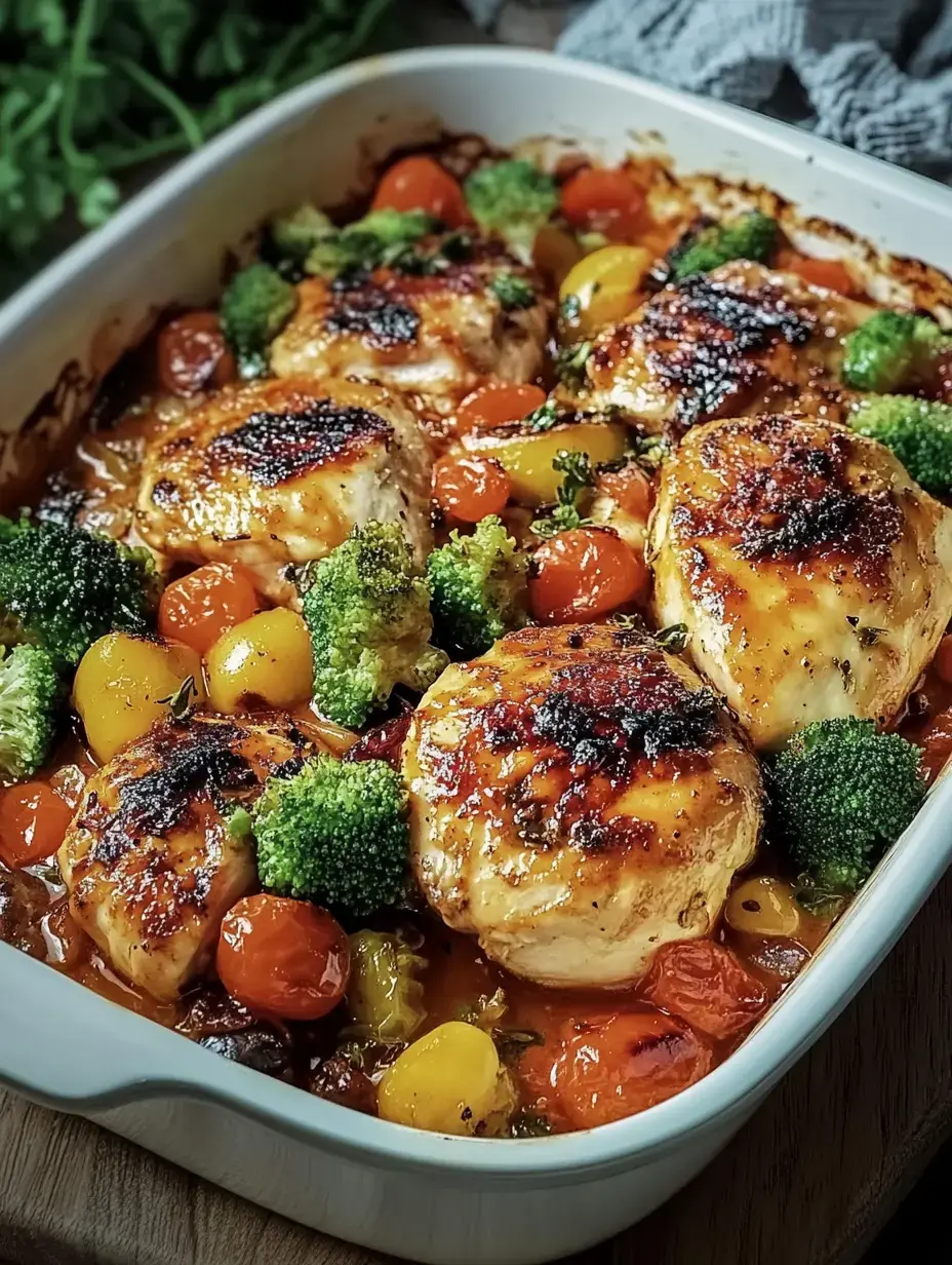 Auflauf mit Hähnchen, Kirschtomaten und Brokkoli in heller Backform – alles herrlich duftend.