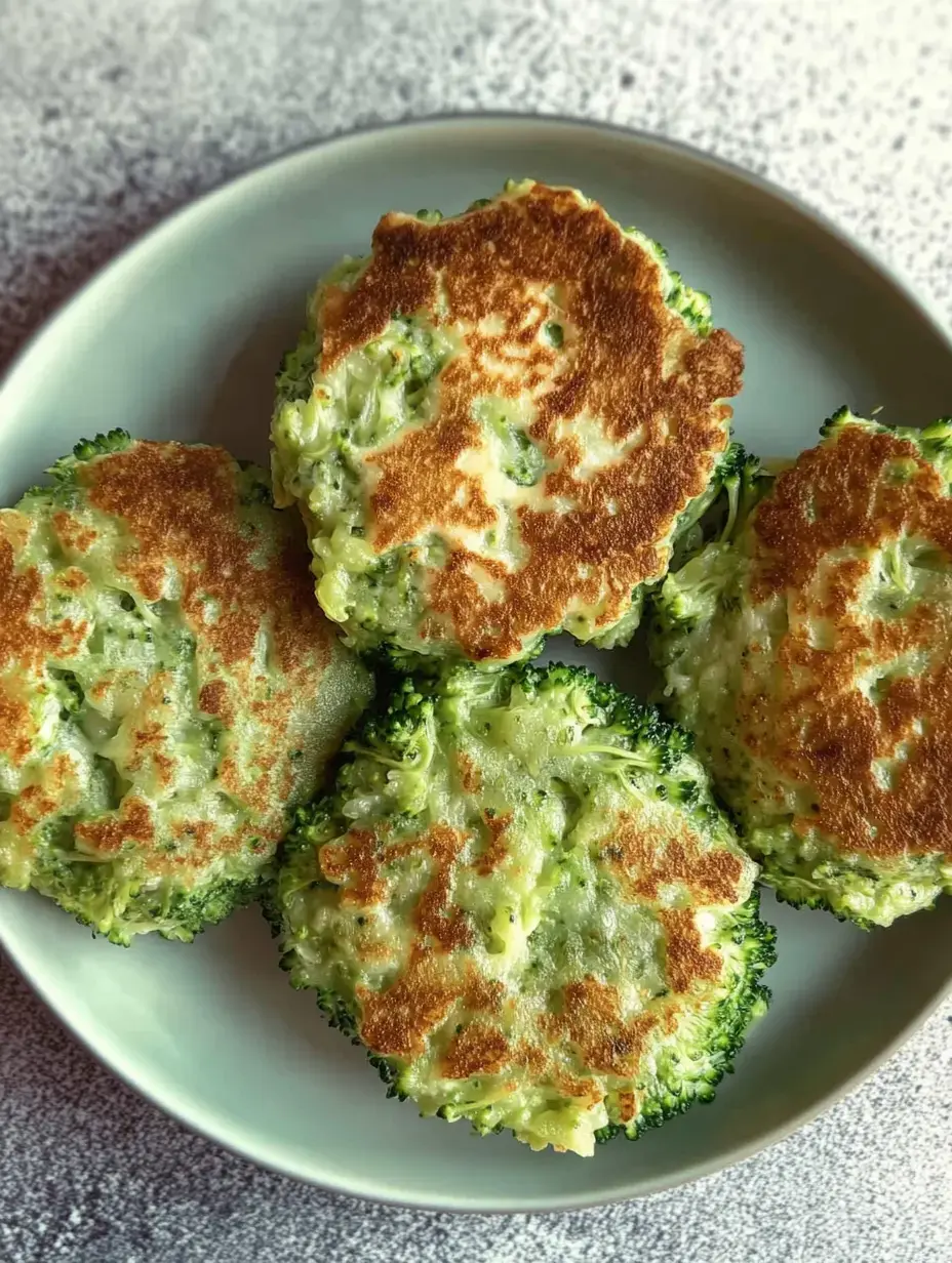 Goldige Brokkoli-Patties auf einem Teller, hübsch angerichtet.