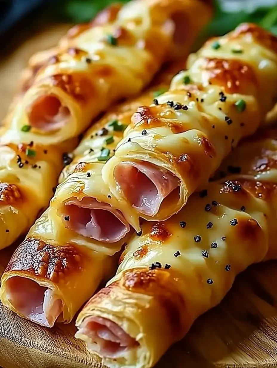 Eine Platte mit knusprigen Käse-Röllchen, gefüllt mit Schinken und garniert mit Grün.