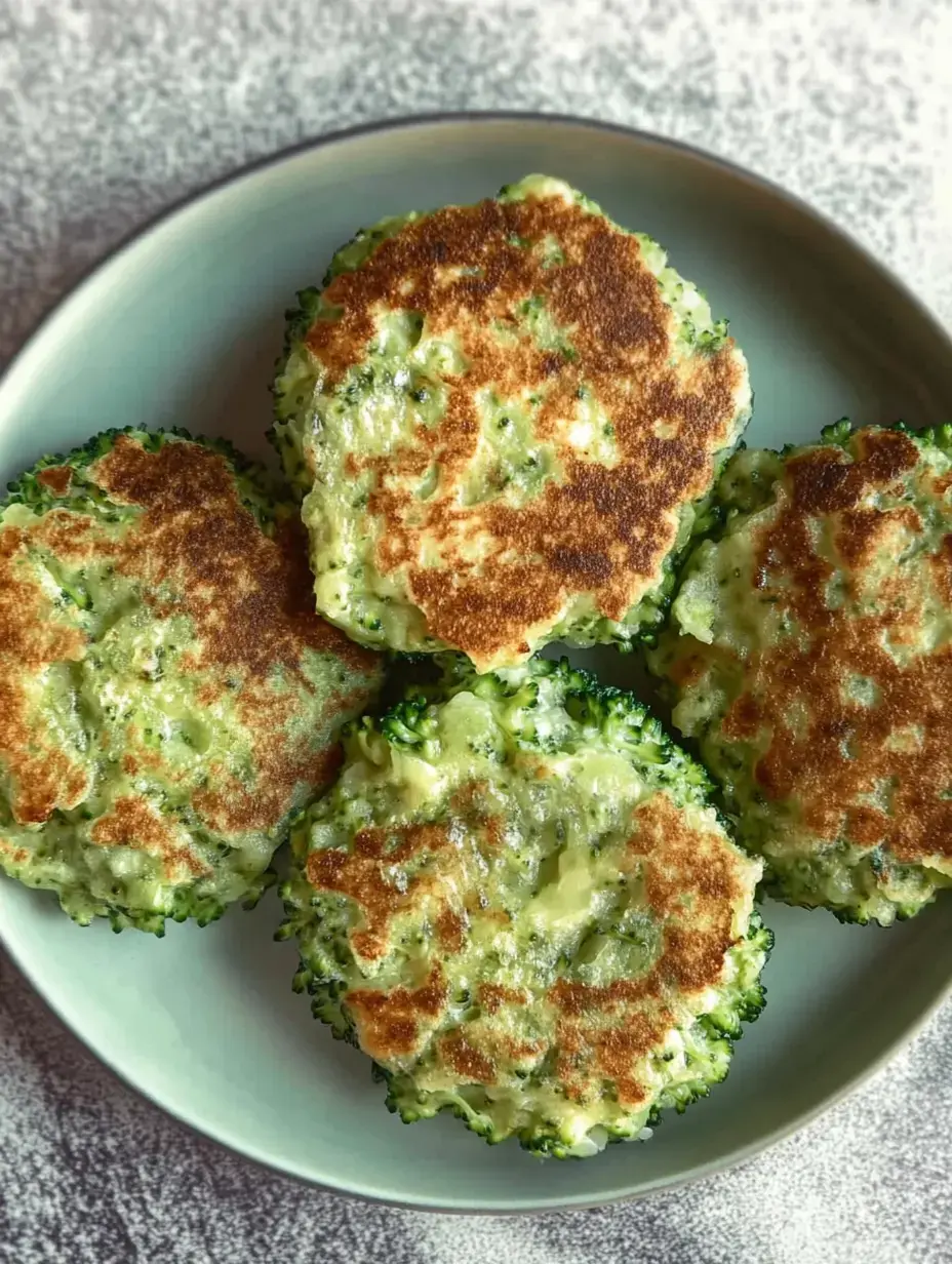 Ein Teller voll mit goldbraunen Brokkoli-Patties, direkt aus der Pfanne.