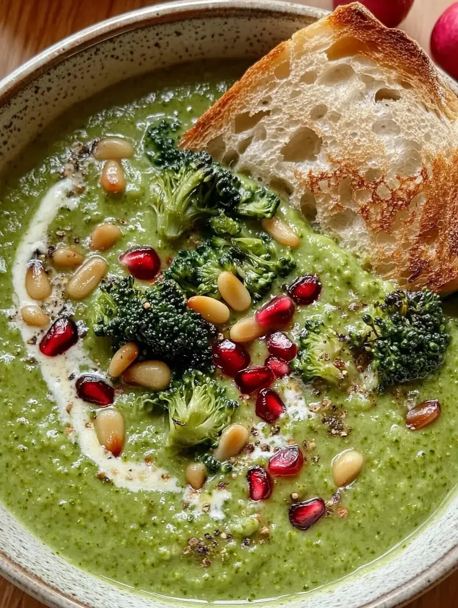Cremige grüne Brokkolisuppe in einer Schüssel mit Pinienkernen, Granatapfelkernen und einem Stück knusprigem Brot als Garnitur.