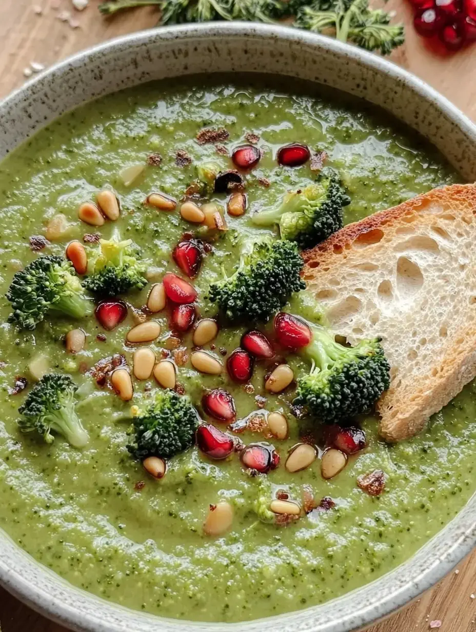 Grüne Brokkolisuppe in einer Schale, garniert mit Brokkoliröschen, roten Granatapfelkernen, goldbraunen Pinienkernen und einer Scheibe Brot daneben.