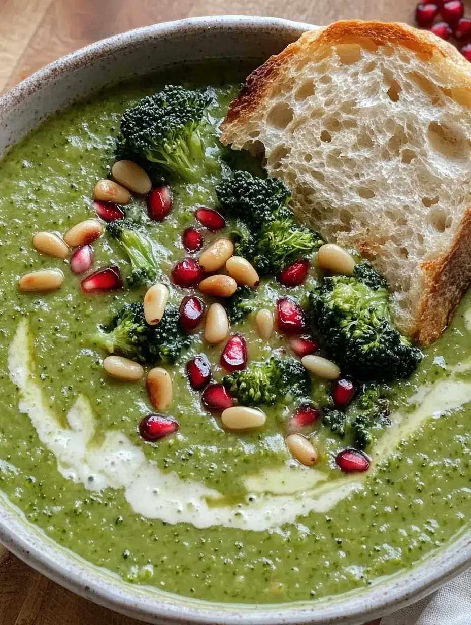 Eine Schale mit grüner Suppe, dekoriert mit Brokkoliröschen, Granatapfelkernen, Pinienkernen und einer Brotscheibe als Beilage.