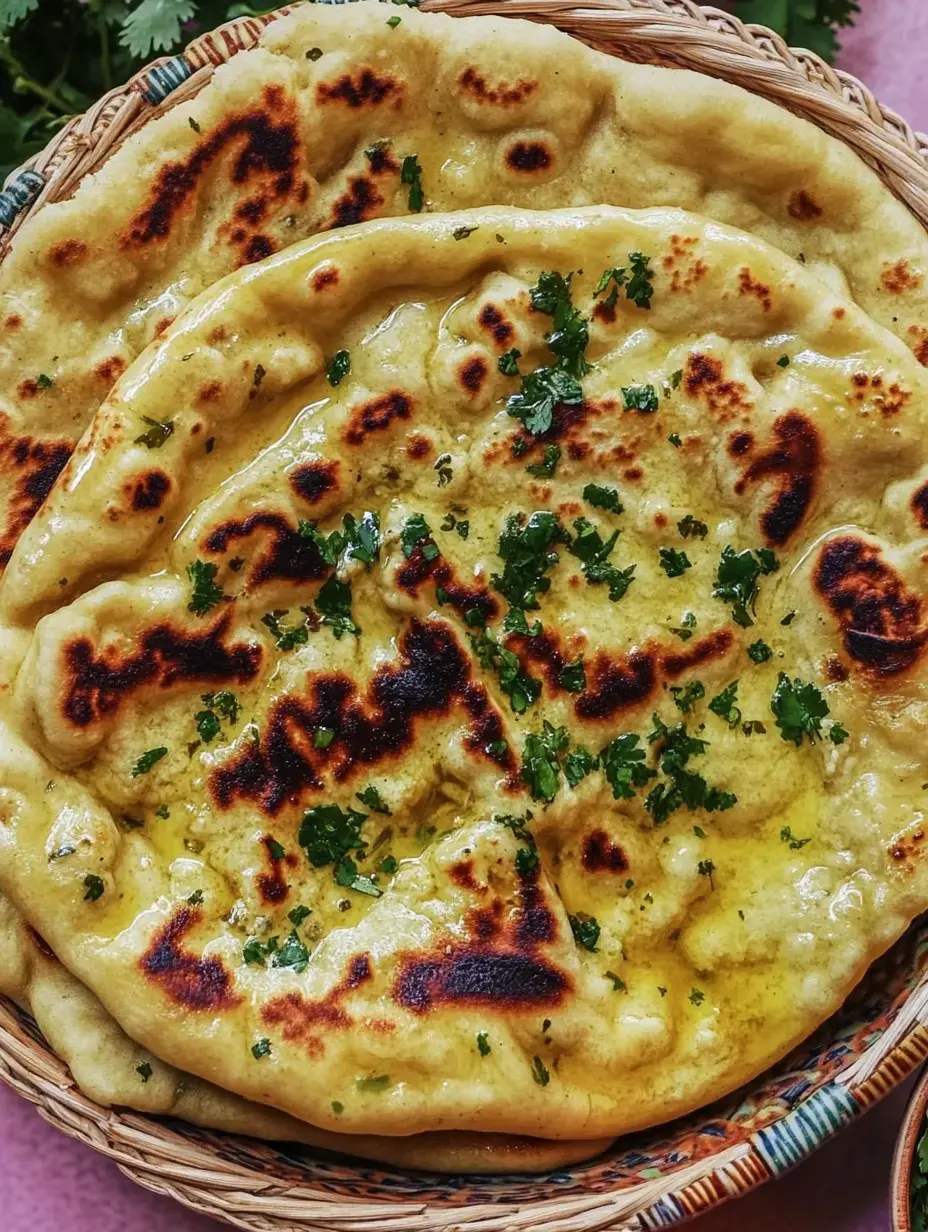 Ein Korb mit frisch gebackenem Naanbrot, garniert mit Koriander und etwas Öl.
