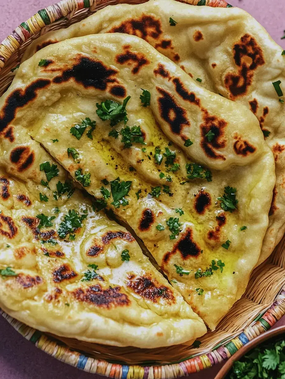 Ein Korb mit frisch gebackenem Naan, das mit frischem Koriander und etwas Öl garniert ist.