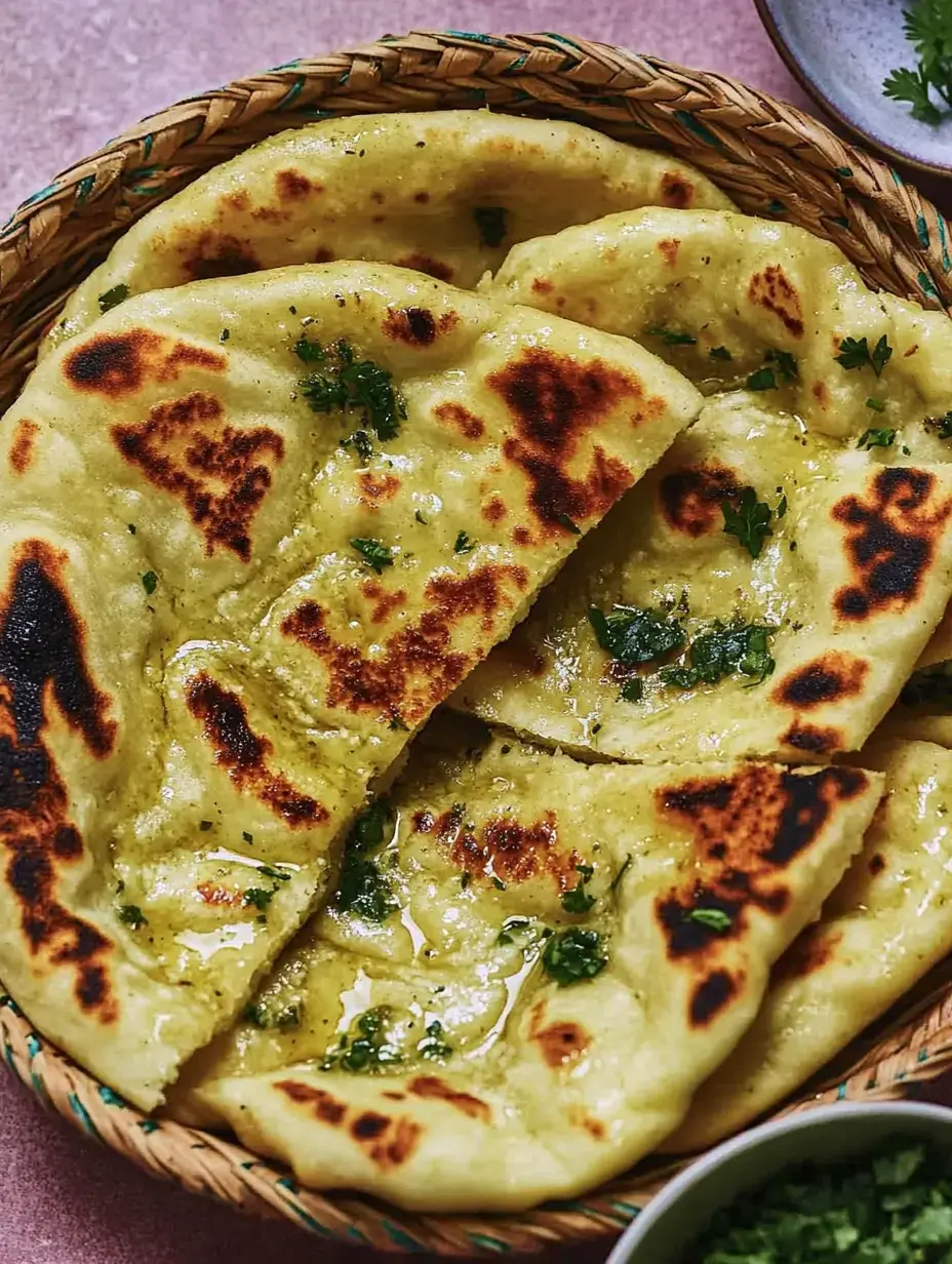 Ein Korb mit warmem, frisch gebackenem Naanbrot, das mit Kräutern garniert und teilweise mit Öl bestrichen ist.