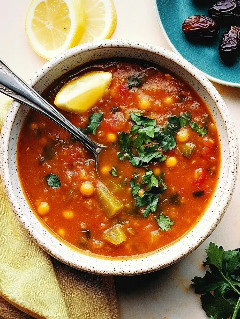 Eine Schale voll bunter Gemüsesuppe, obendrauf frischer Koriander und ein Zitronenschnitz, daneben Zitronen und eine kleine Schale mit Datteln.